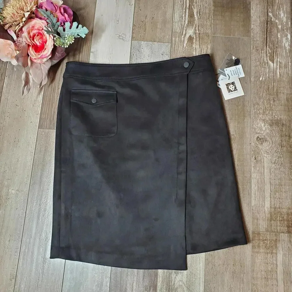 NWT Anne Klein Women's Faux Suede Black Above The Knee Wrap Pencil Skirt Size 12